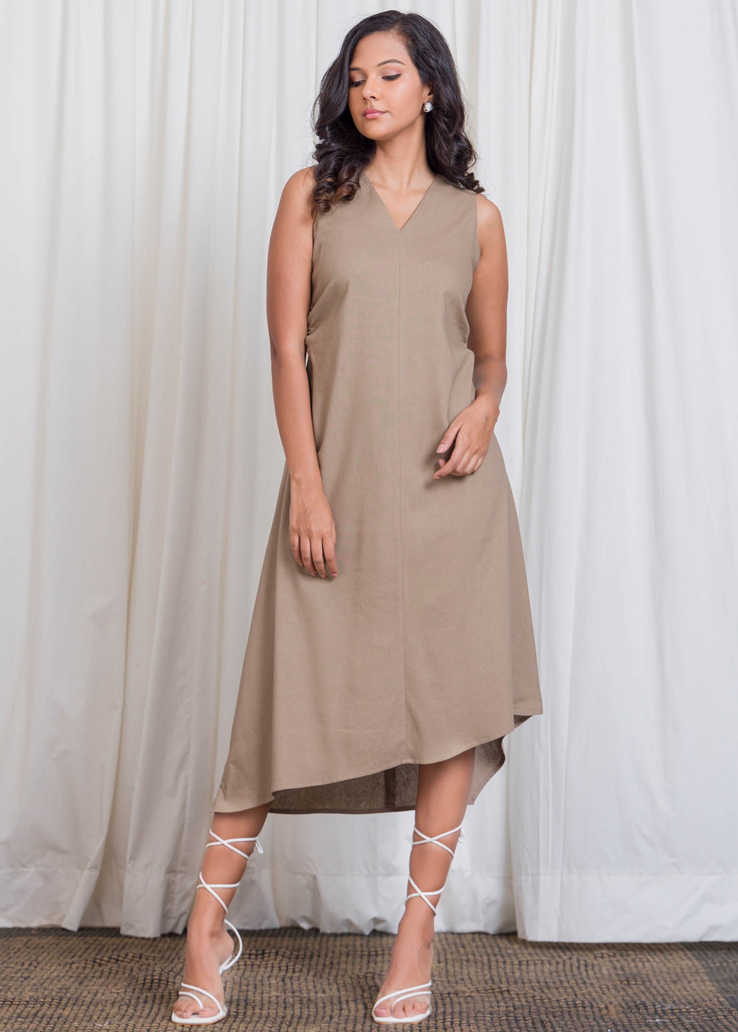 Uneven Hem Midi Dress With Side Ruched Detail