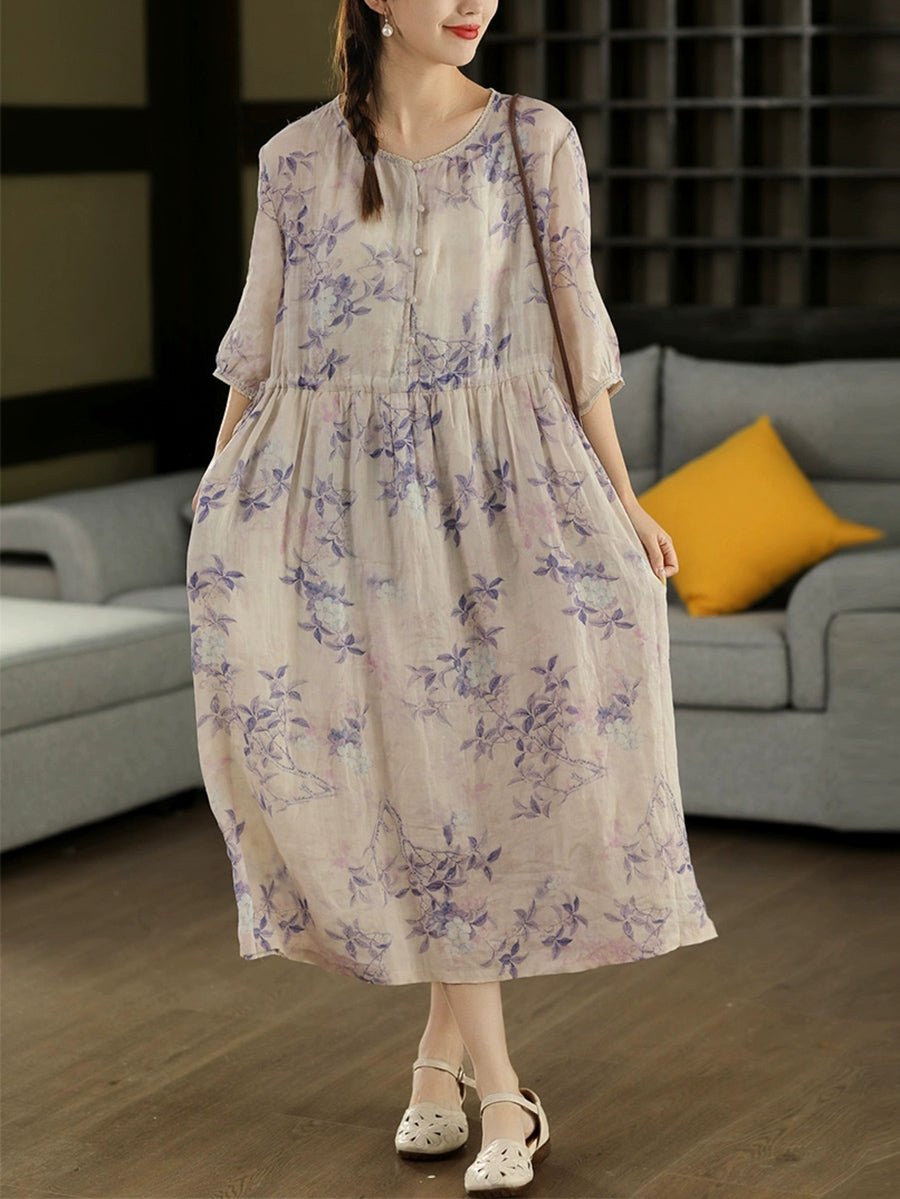 Women Summer Artsy Flower O-Neck 100%Ramie Dress