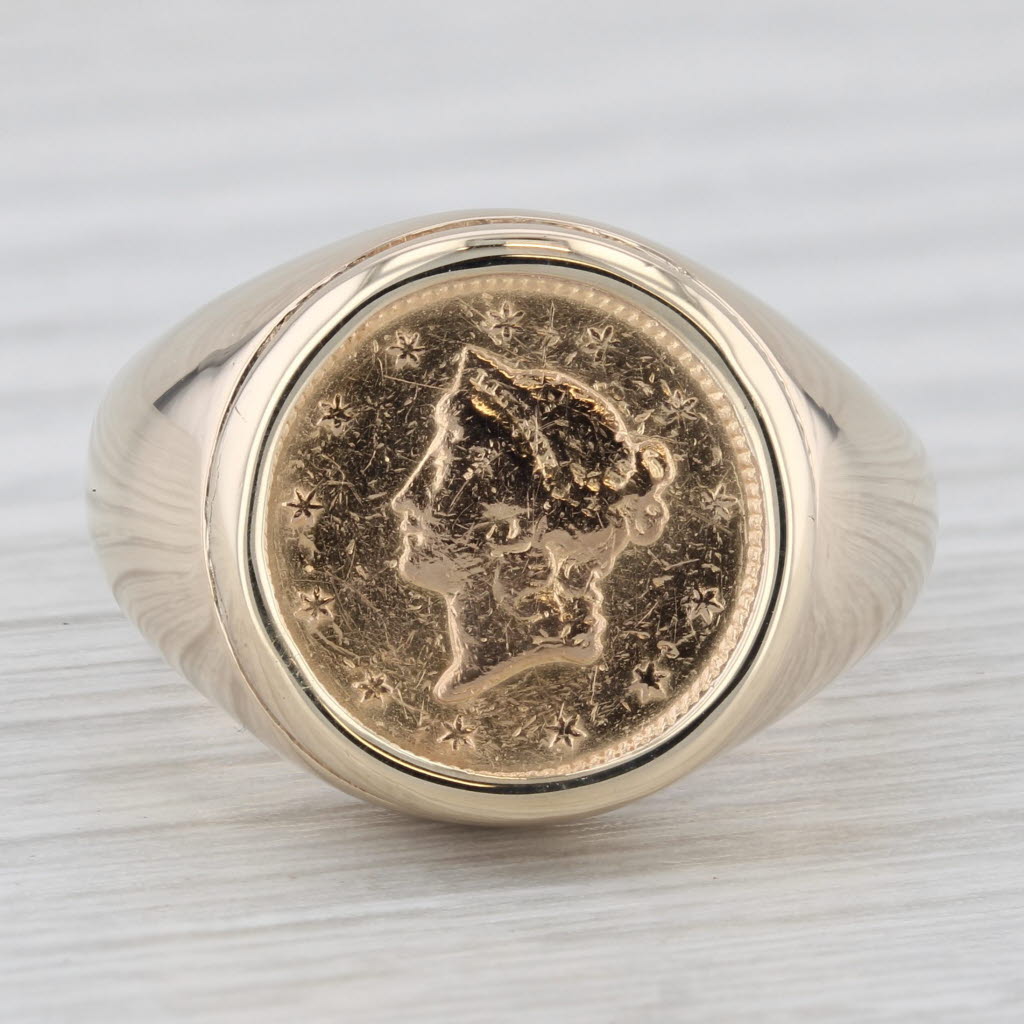 One Dollar Gold Coin Ring 10k 900 Yellow Gold Size 7 Signet US Liberty AS IS