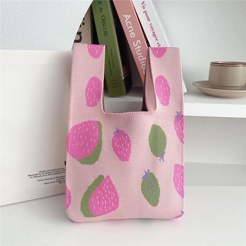 Women's Knit Houndstooth Fruit Flower Cute Bucket Open Handbag Bucket Bag