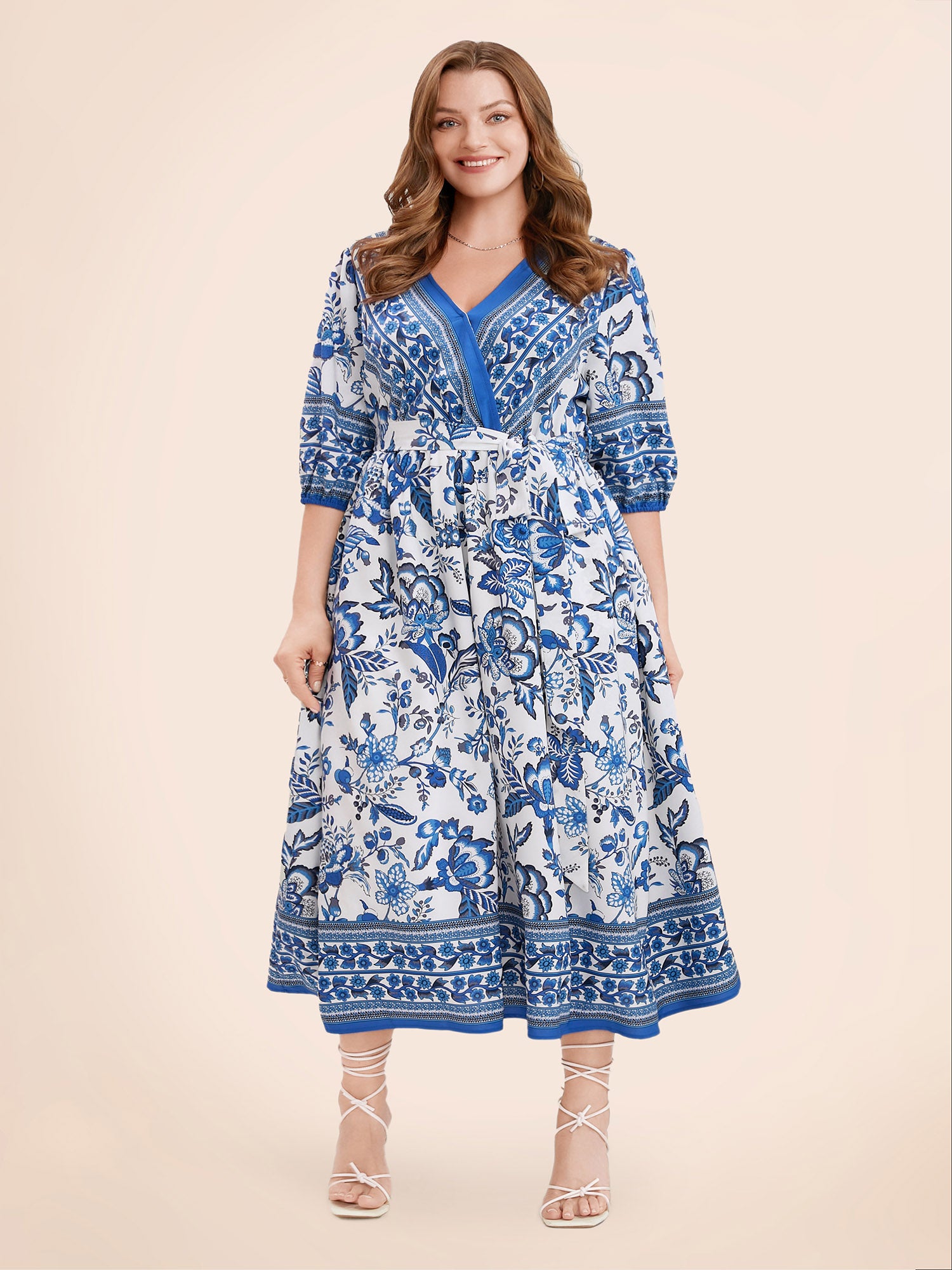 Bandana Print Surplice Neck Lantern Sleeve Pocket Belted Midi Dress