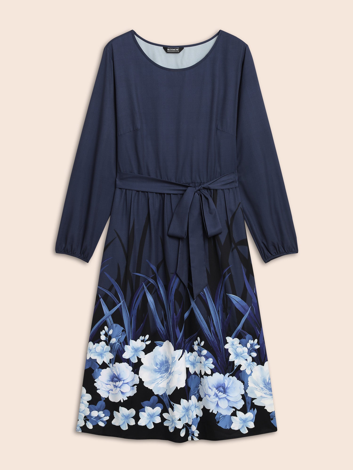 Boho Print Belted Lantern Sleeve Dress