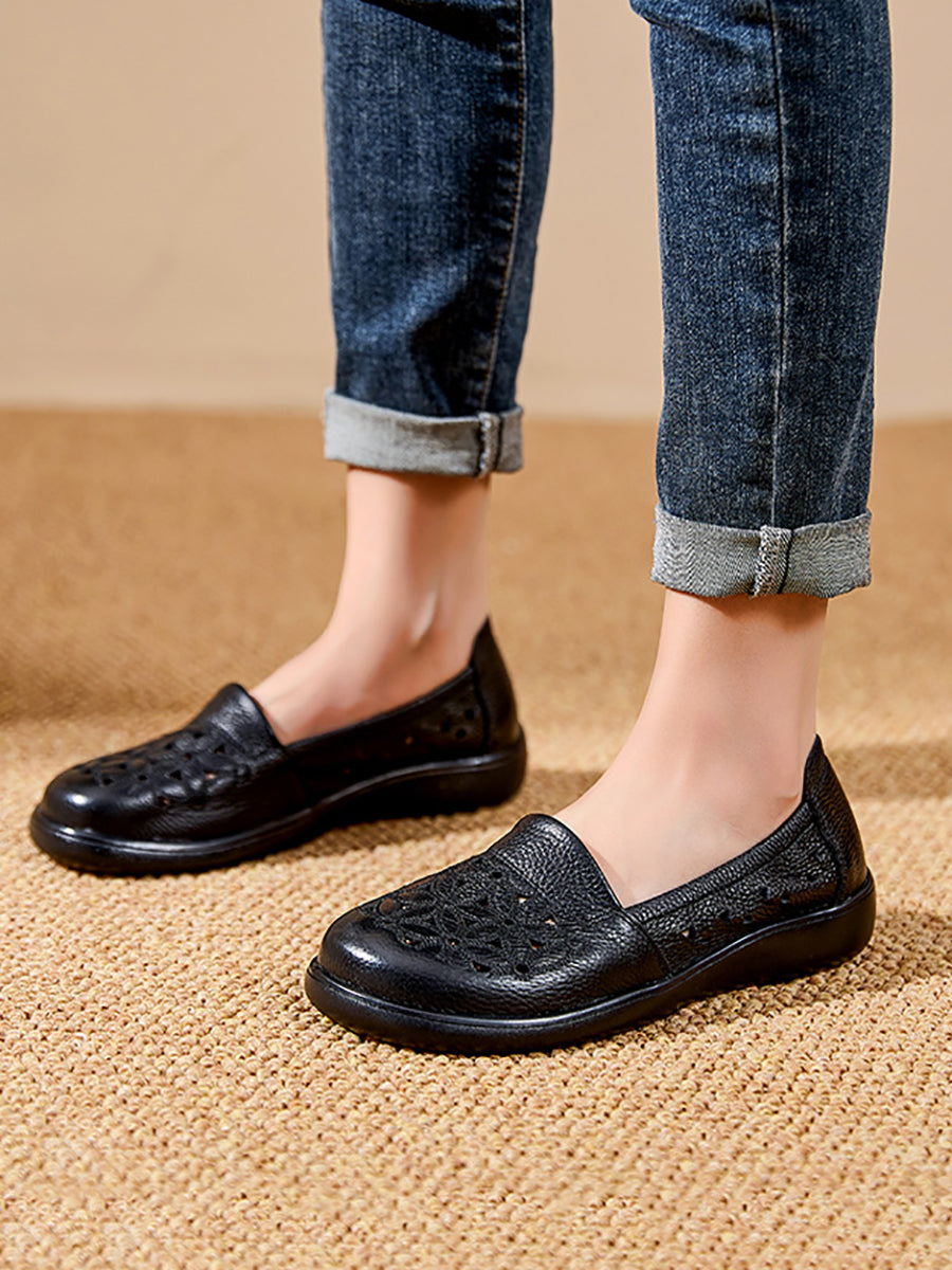 Women Summer Soft Leather Flower Mid Heel Shoes