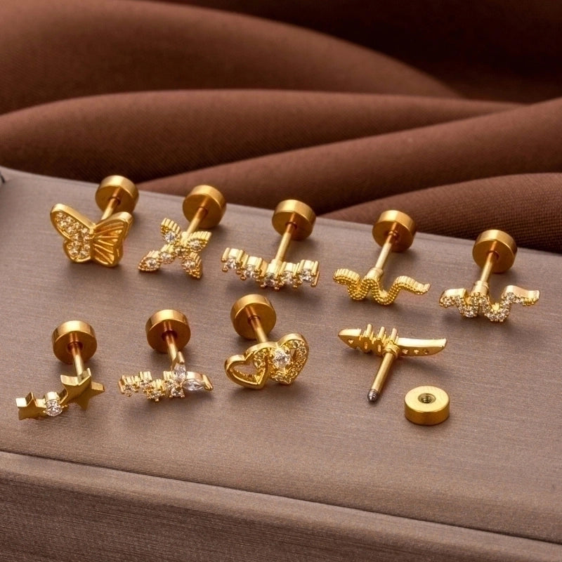 1 Piece Ear Cartilage Rings & Studs Minimalist Classic Style Heart Shape Snake Butterfly Copper Polishing Inlay Zircon 18K Gold Plated Ear Cartilage Rings & Studs