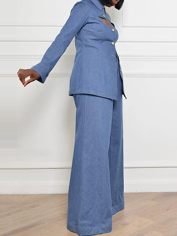 Long Sleeves Loose Buttoned Hollow Lapel Blouses&Shirts Tops