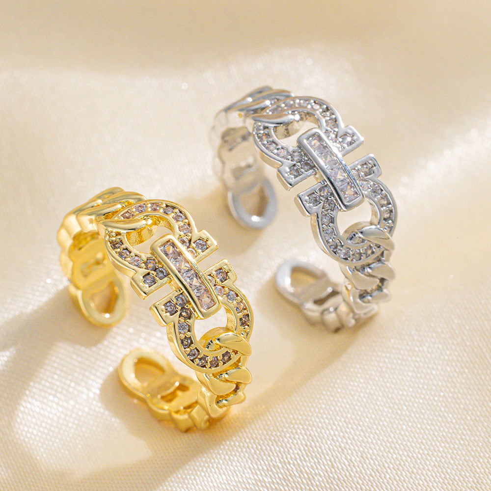 Shang Ins Chain Opening Adjustment Ring Female Version Micro-Inlaid Personality Couple Ring Retro Ancient Index Finger Ring