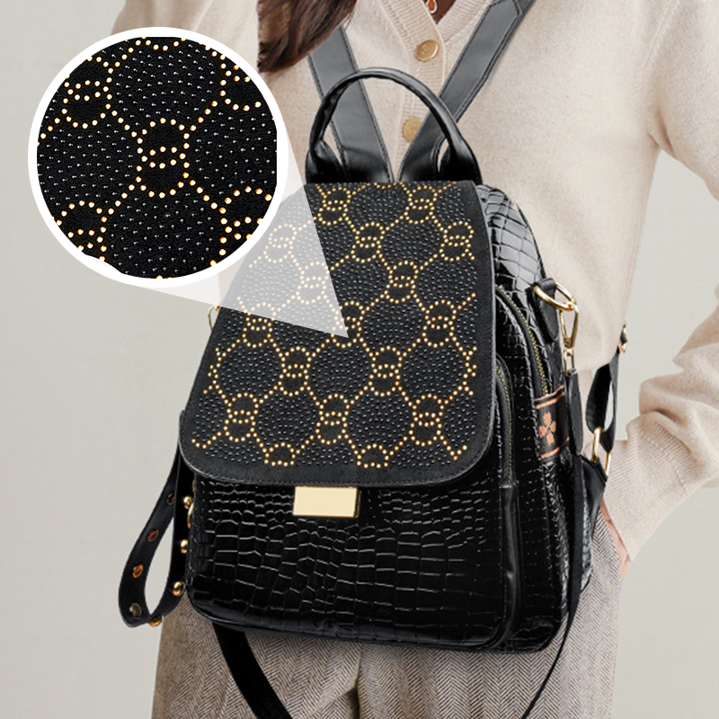 🎒Women's Black Large Capacity Sparkling Rhinestone & Geometric Print Backpack✨