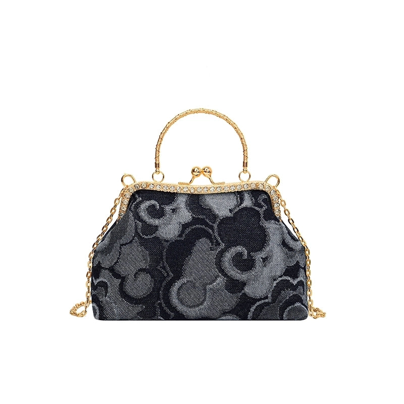 Women's Denim Flower Classic Style Sewing Thread Shell Clasp Frame Handbag