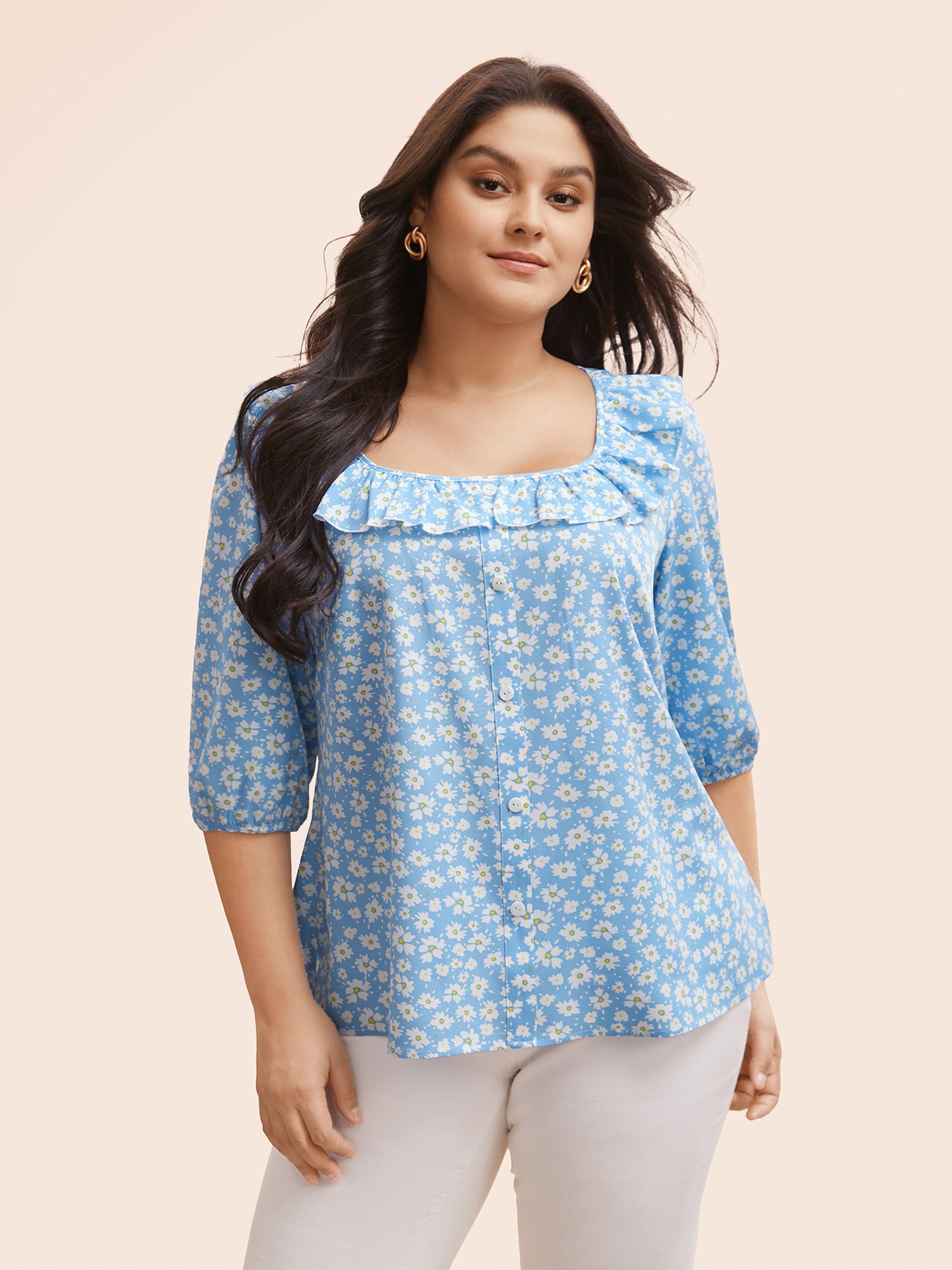 Daisy Patterned Ruffled Collar Blouse