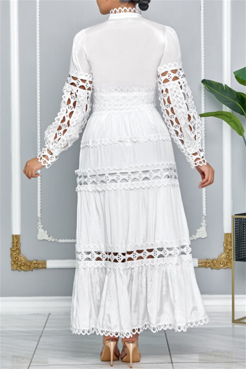 Casual Solid Color Hollow Out Mandarin Collar Long Sleeve Two Pieces