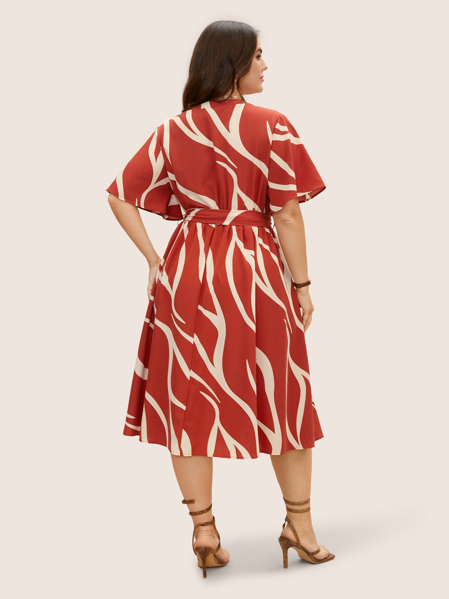 Geometric Surplice Neck Tie Knot Midi Dress