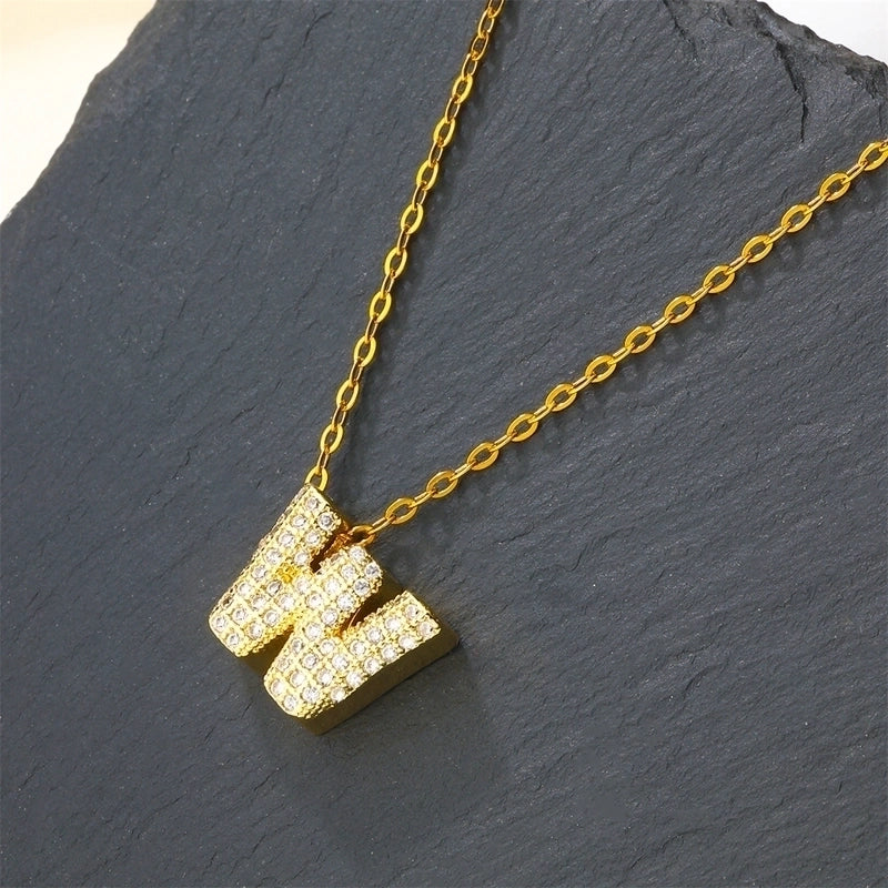 Copper 18K Gold Plated Casual Minimalist Inlay Letter Zircon Pendant Necklace