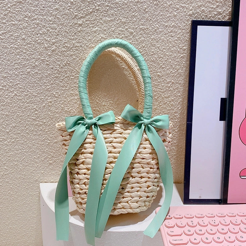 Women's Small Nylon Bow Knot Vintage Style Bucket Open Straw Bag