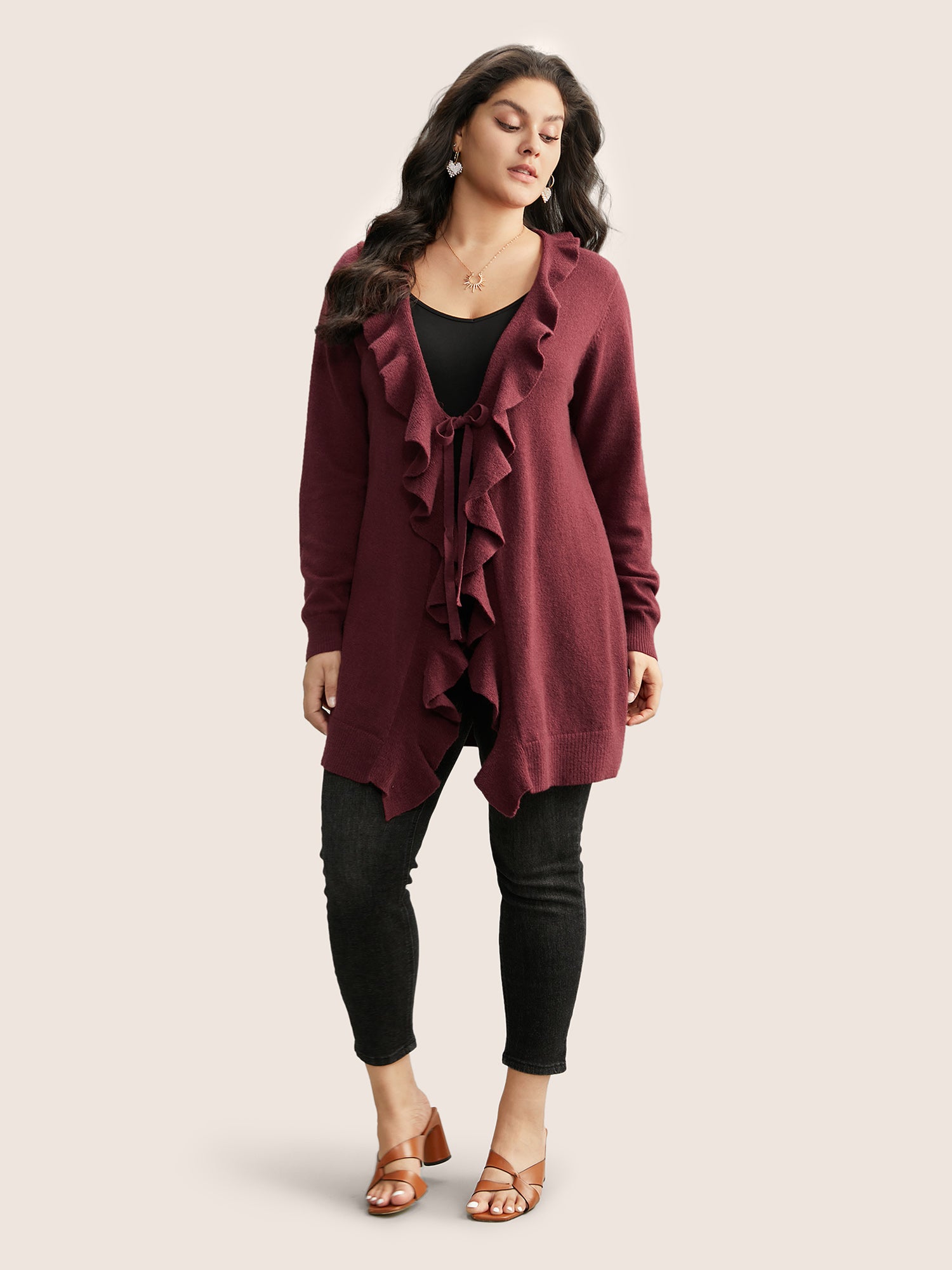 Supersoft Essentials Solid Ruffle Trim Ties Cardigan