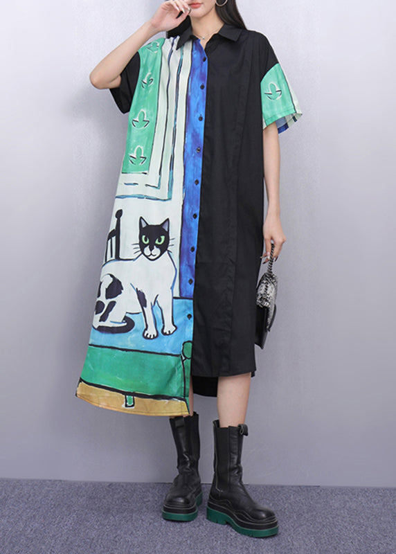 Natural Asymmetrical Peter Pan Collar Print Cotton Maxi Dresses Summer