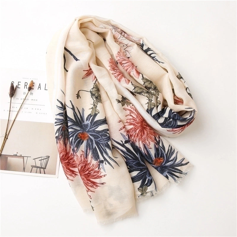 New Cotton Linen Flower Silk Long Scarf