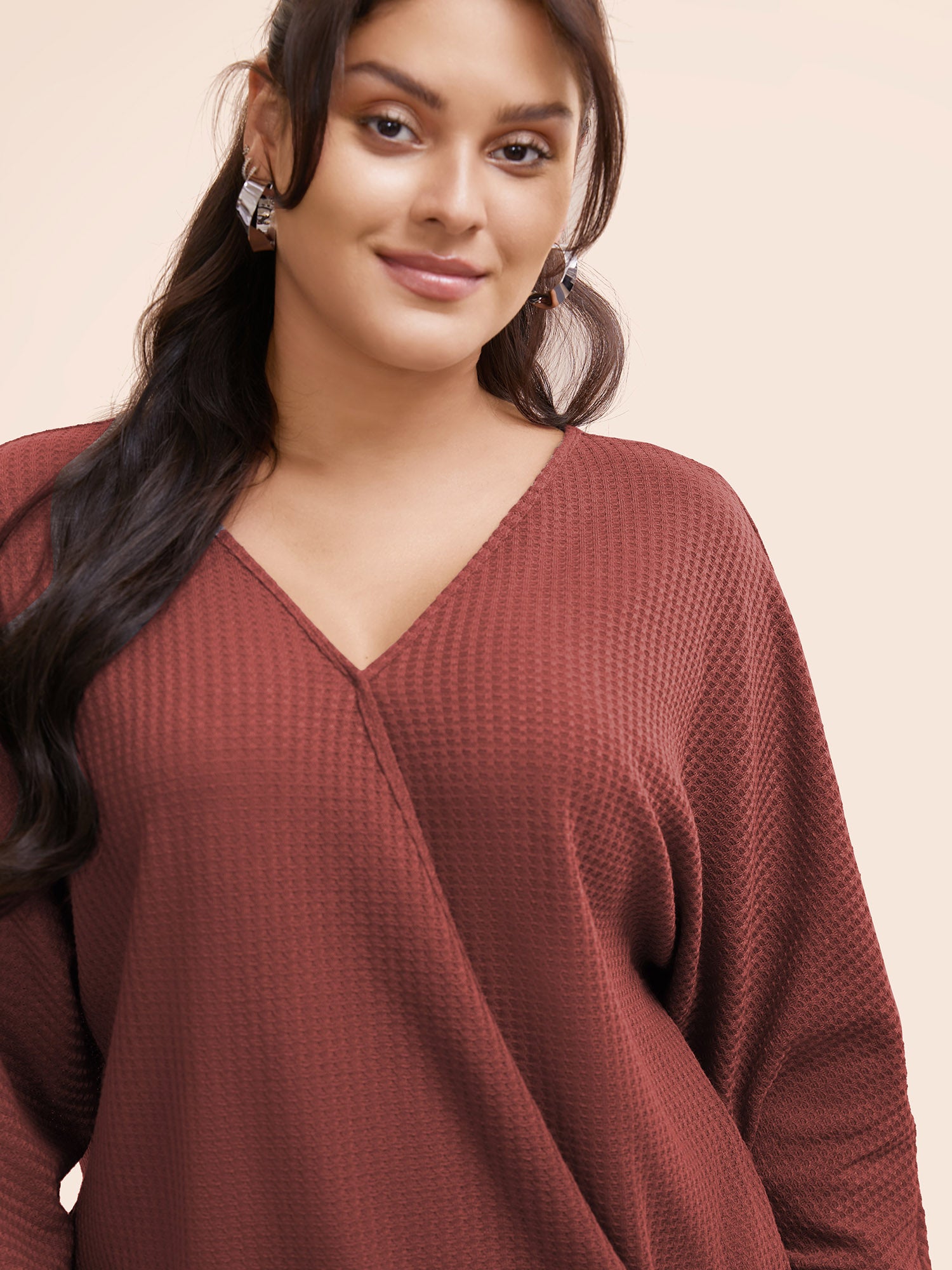 Solid Waffle Knit Wrap Long Sleeve T-shirt