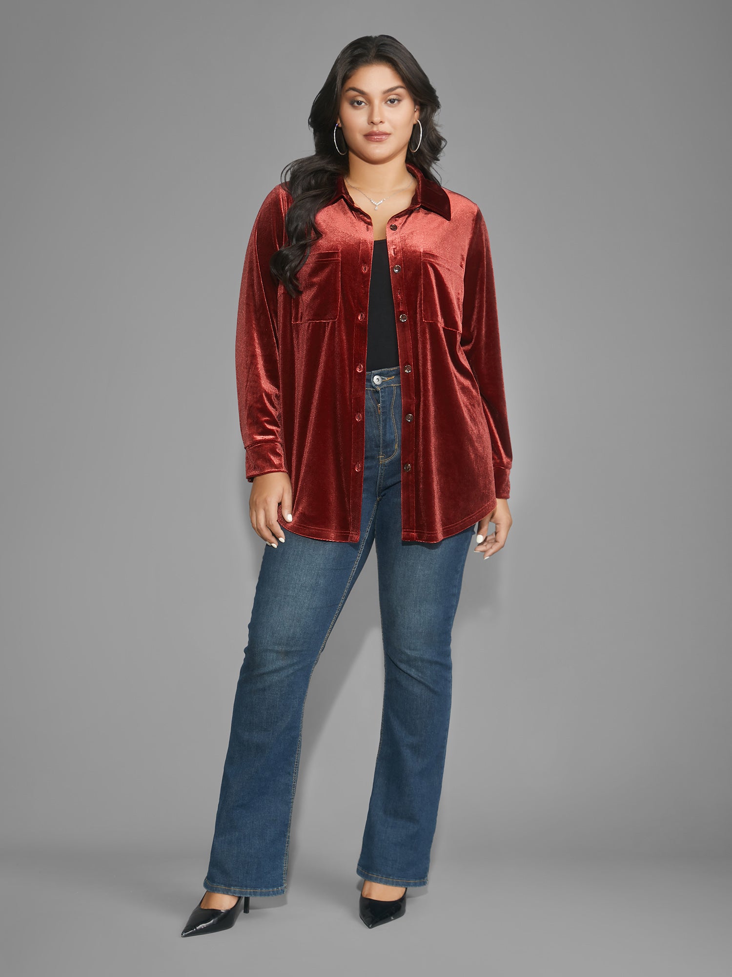 Velvet Curved Hem Gathered Shirt