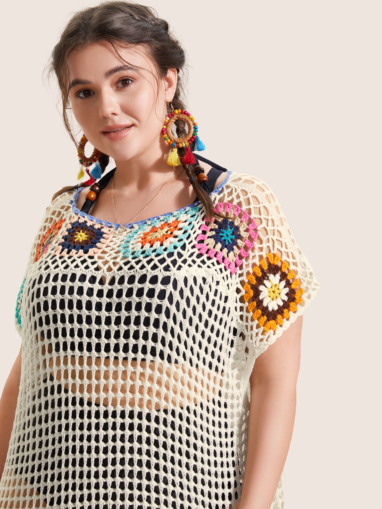 Contrast Crochet Cut Out Slit Hem Swim Cover Up