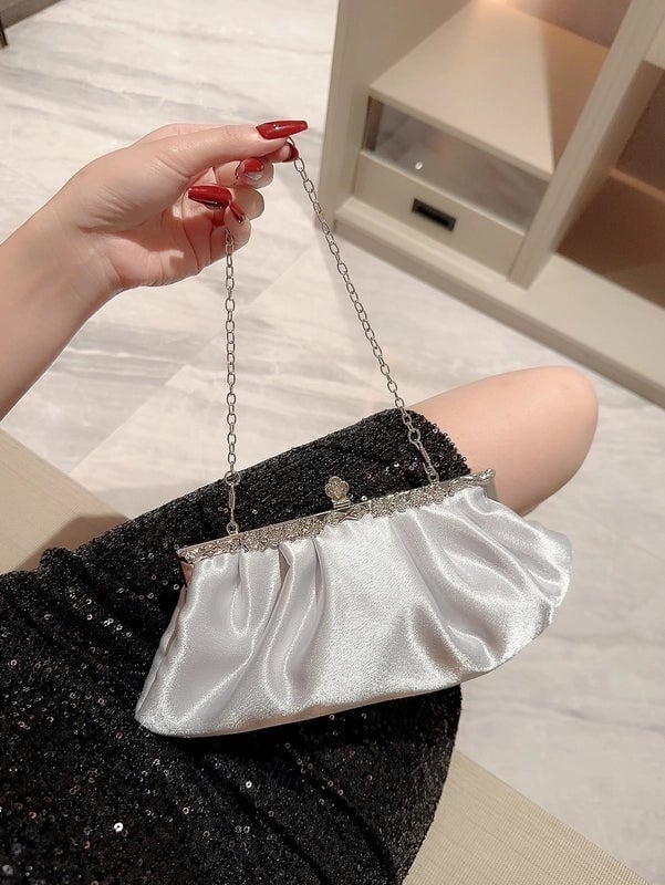 Apricot Silver Black Suede Solid Color Rhinestone Dumpling Shape Evening Bags