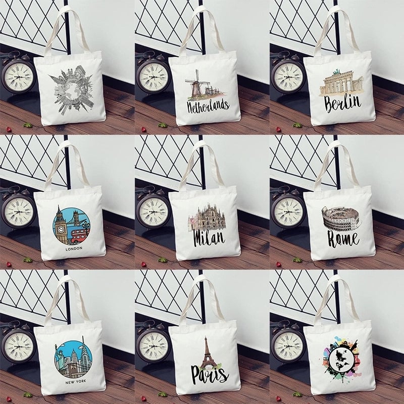 Women's Large Canvas Letter Building Streetwear Square Open Shoulder Bag