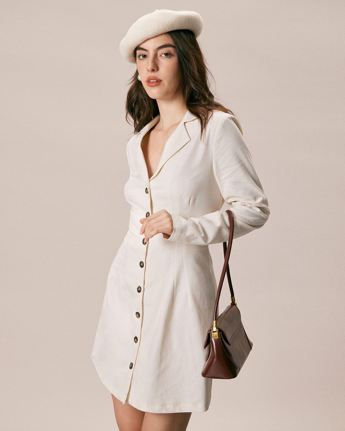 The Beige Lapel Button A Line Mini Dress