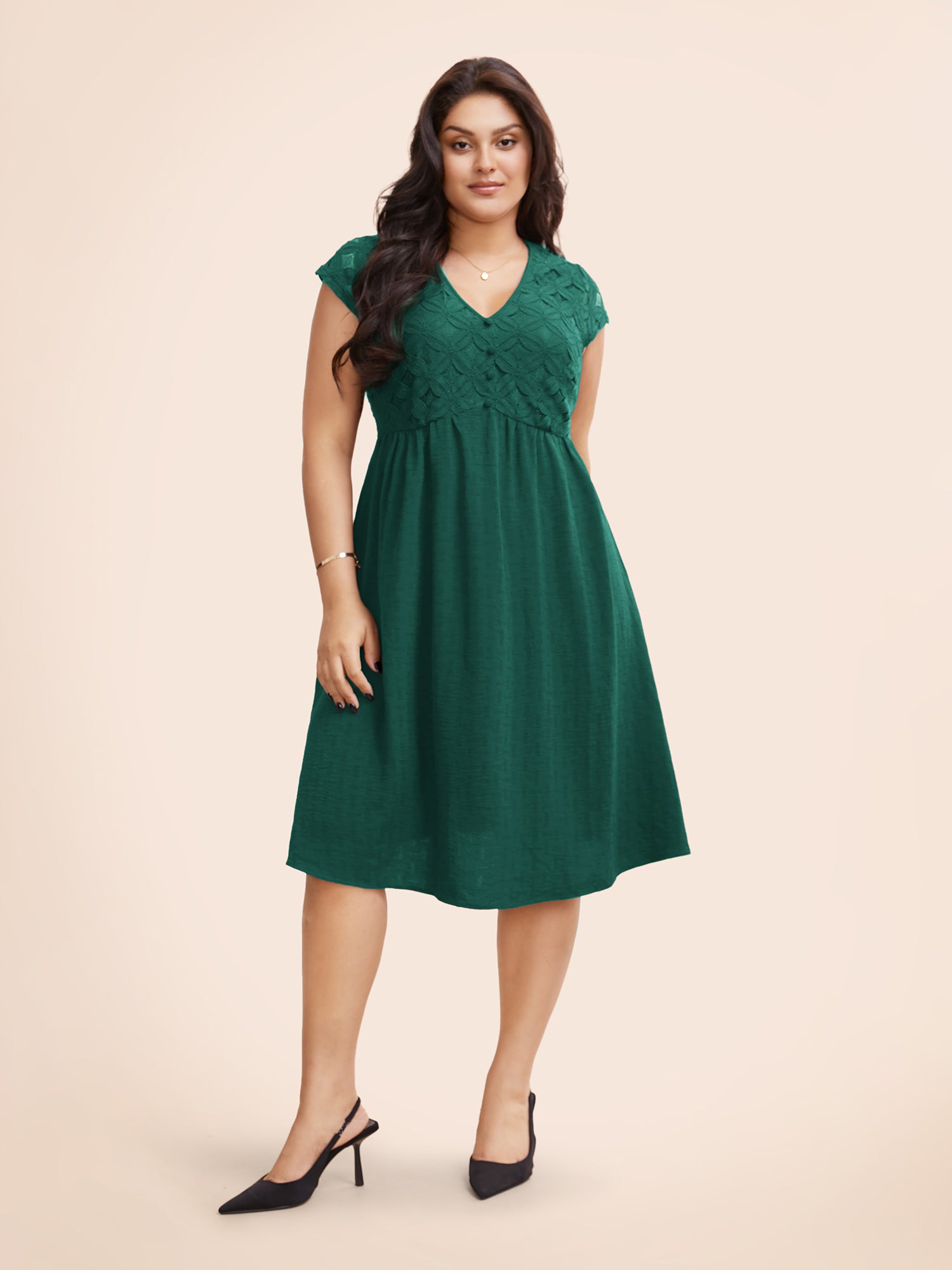 Plain Lace Panel Cap Sleeve Dress