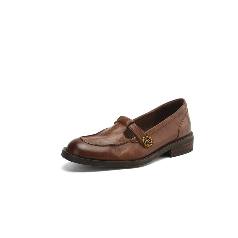 Vintage French-Style Mary Jane Leather Shoes with Metal Camellia Detail in Black/Coffee/Grey