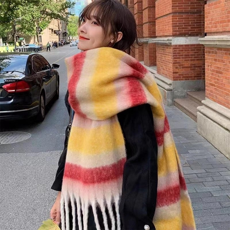 Brown Striped Scarf Women's Autumn And Winter  Trendy Winter Warm Imitation Cashmere Windproof Scarf For Students