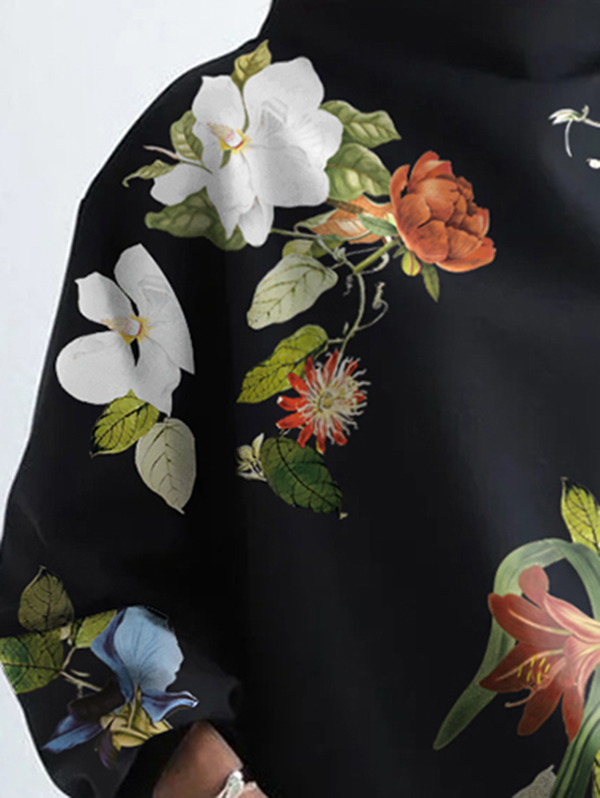 Long Sleeves Loose Asymmetric Floral Printed Split-Joint High Neck T-Shirts Tops