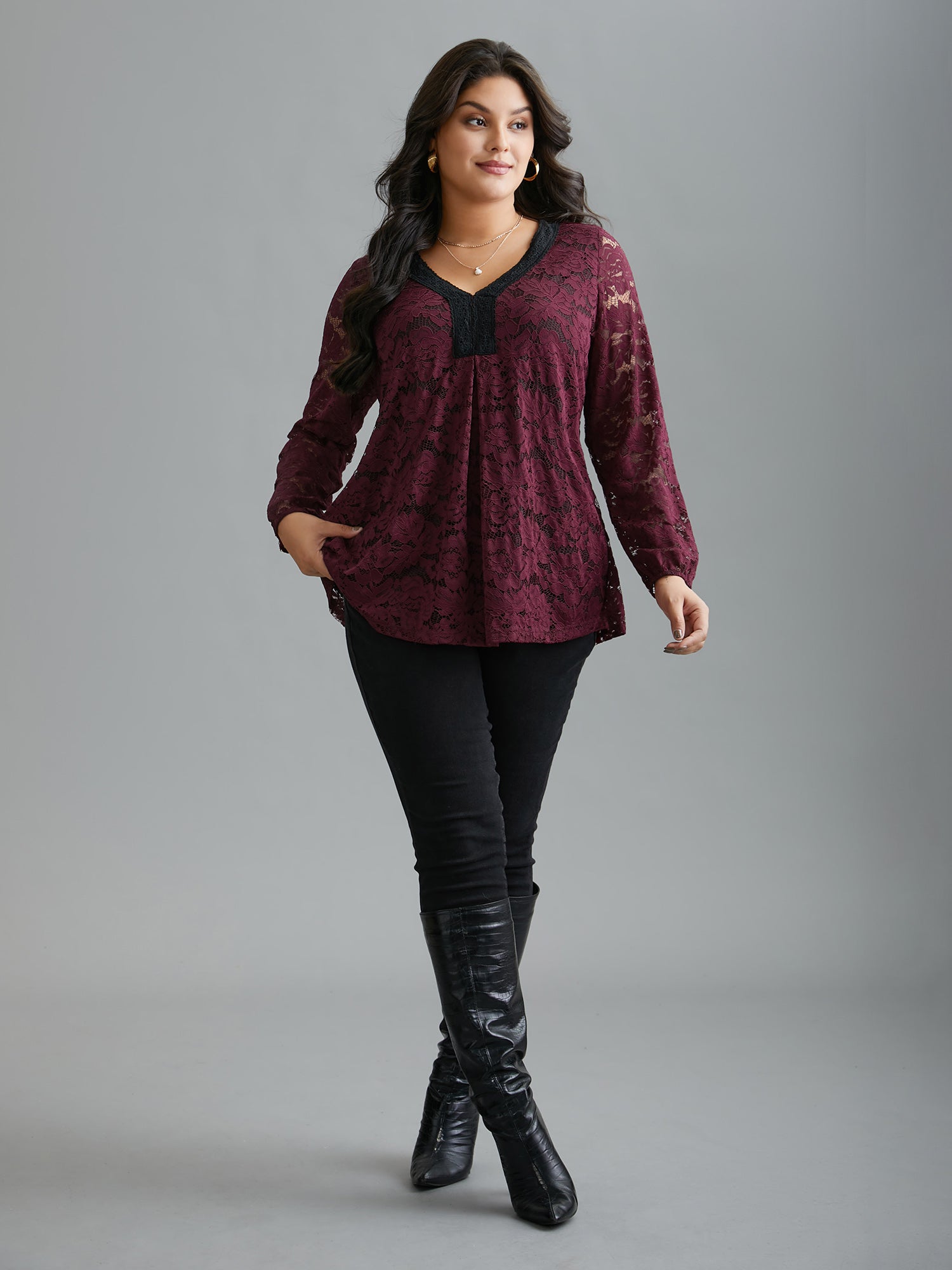 Sheer Lace Sleeve Pleated Slim-Fit Blouse
