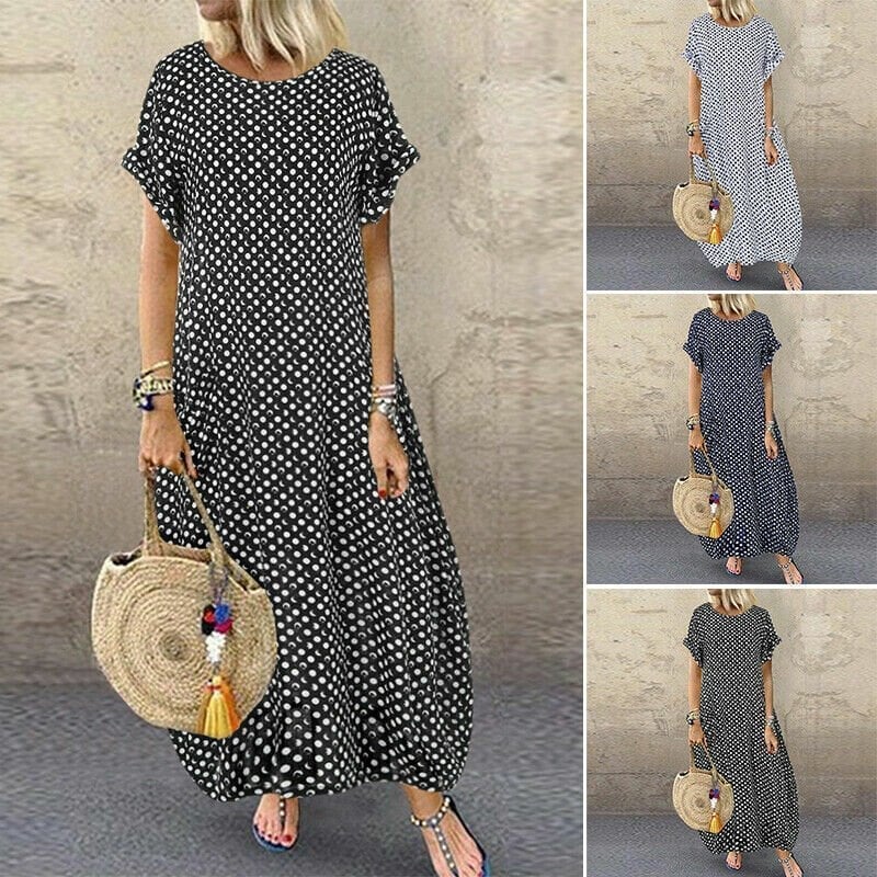 Ladies Dot Print Short Sleeve Loose Dress