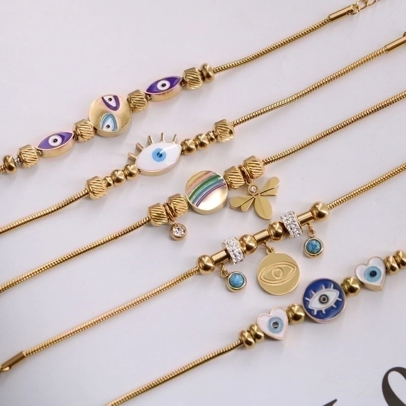 Devil'S Eye Insect Waves Titanium Steel 18K Gold Plated Artificial Gemstones Bracelets In Bulk