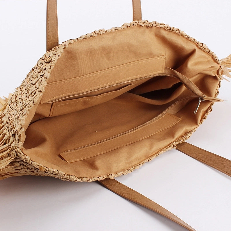 Women's Large Straw Solid Color Vacation Beach Weave Semicircle Zipper Straw Bag