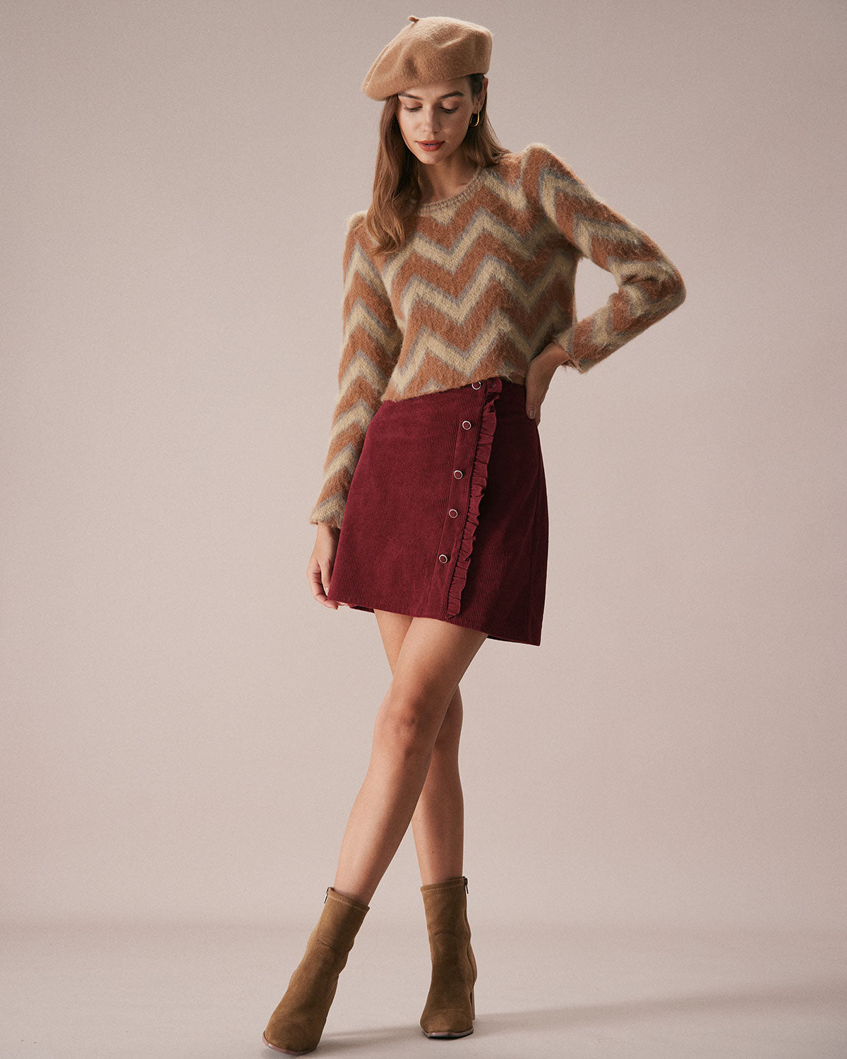 The Red Corduroy Ruffle Button Mini Skirt