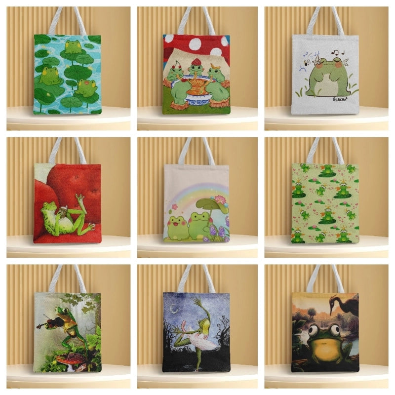 Women's Medium Canvas Frog Basic Classic Style Square Open Canvas Bag