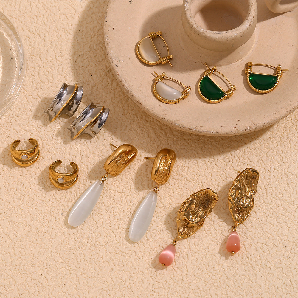 Niche High-End Retro Hot-Selling Earrings Stainless Steel 18K Gold-Plated Natural Stone Long Water Drop Earrings For Women