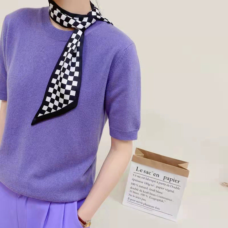 Checkered Silk Like Skinny Scarf