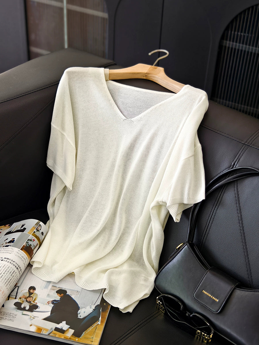 Women Summer Casual Pure Color Knitted V-Neck Shirt