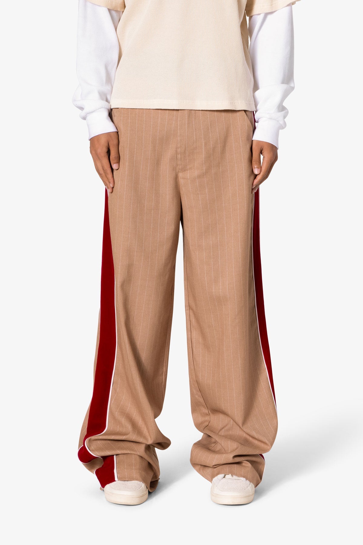 Pinstripe Velvet Trim Trouser Pants - Tan