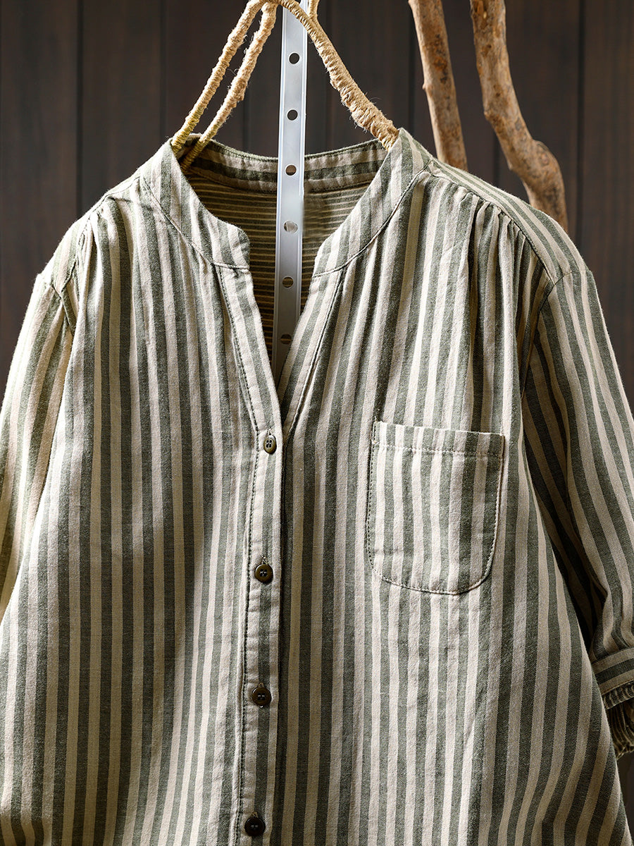 Women Summer Casual Stripe V-Neck 100%Cotton Shirt