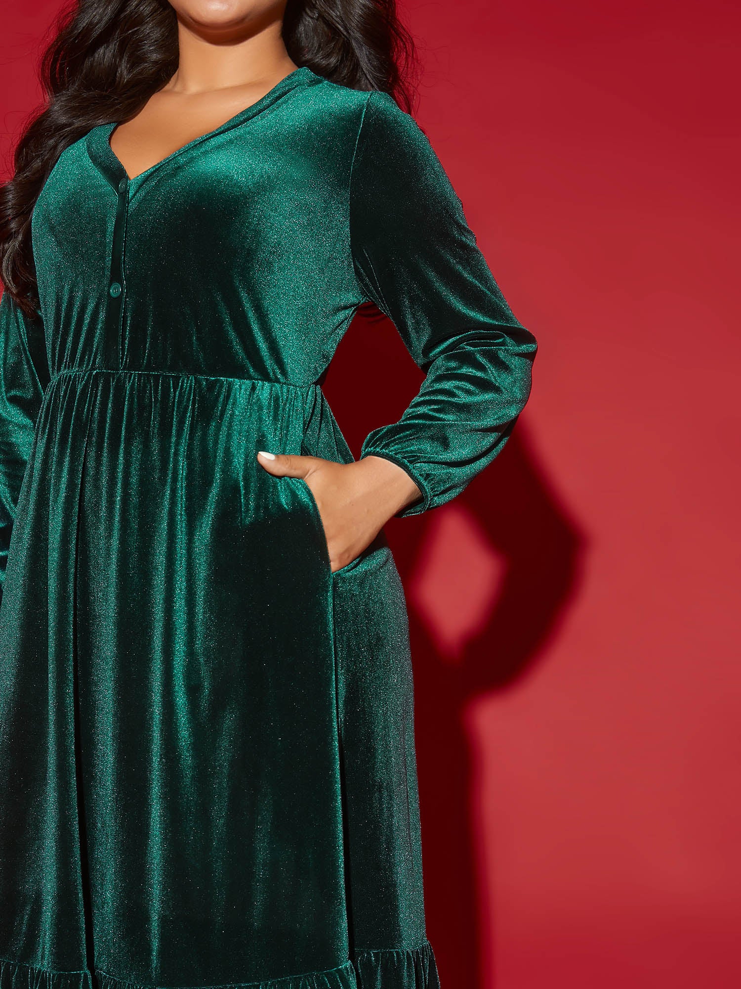 Velvet Front Button Pleated Midi Dress