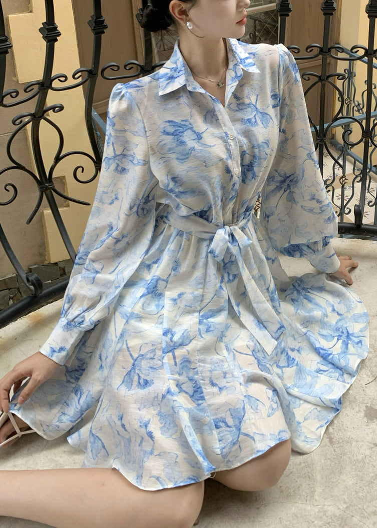 Elegant Blue Peter Pan Collar Print Tie Waist Cotton Blouses Dress Fall