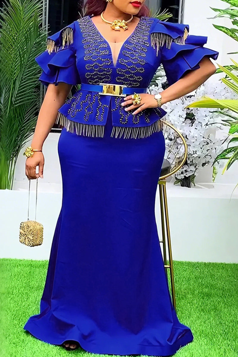 Elegant Solid Color Fringed Trim Patchwork Zipper V Neck Long Plus Size Dresses