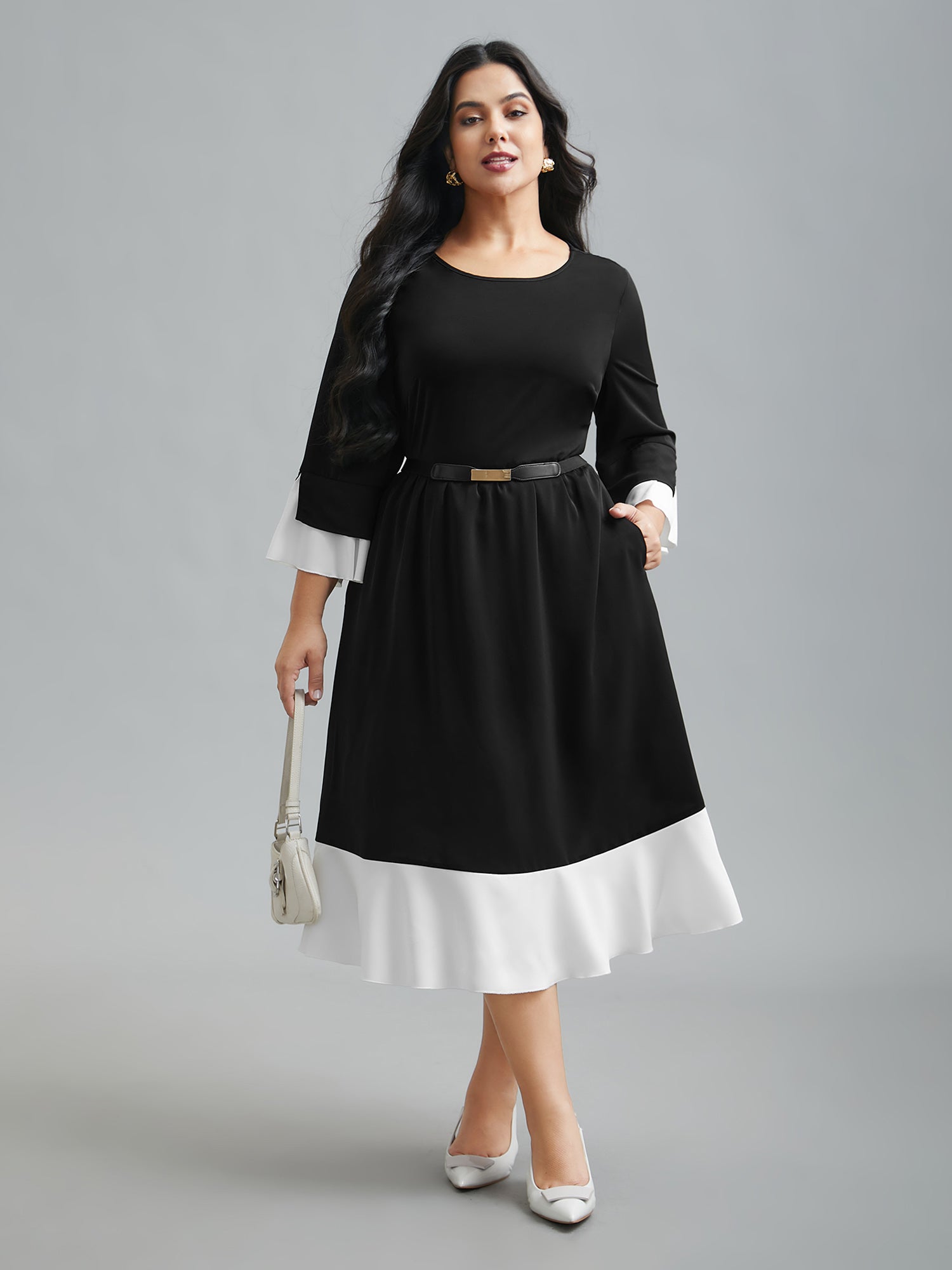 Color Contrast Tiered Skirt Pocket Midi Dress