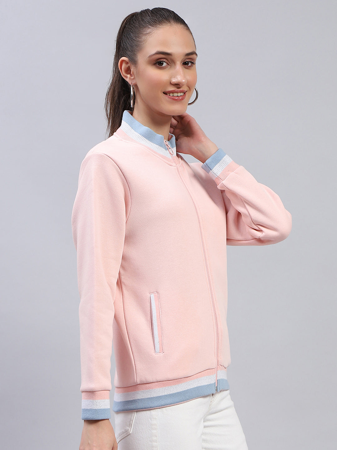 Women Pink Solid Mock Neck Full Sleeve Sweatshirt