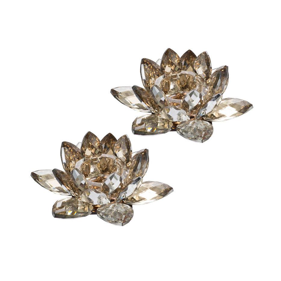 Lotus Crystal Tealight Holder. Set of 2 - Soft Gold