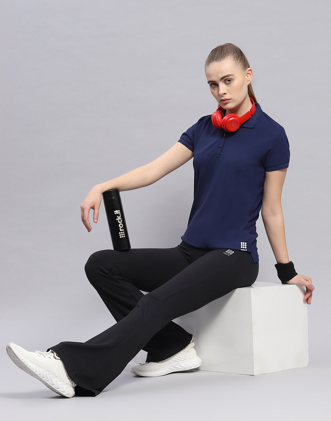 Women Navy Blue Solid Polo Collar Half Sleeve T-Shirt