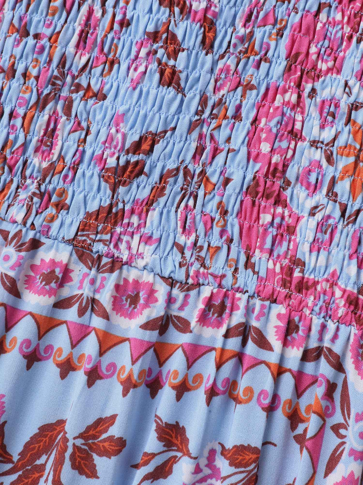 Rayon Floral Print Shirred Pockets Midi Dress