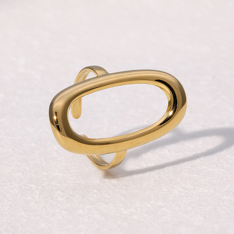 Minimalist Cold Style Stainless Steel Ring Female Geometric Hollow Oval Simple Gold-Plated Open Ring